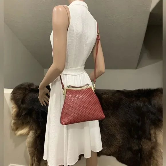 Handmade Genuine Woven Leather Double Kisslock Top Handle Bag & 2 Straps Style